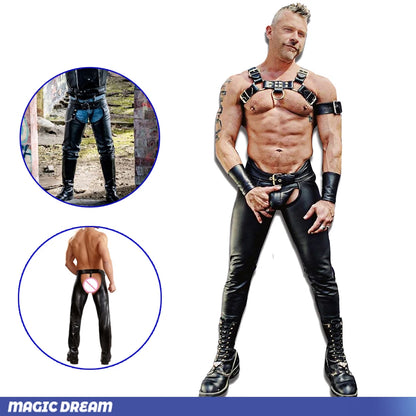 Men Cowboy Wetlook Pants With Thongs Leather Pants Sleeves Sexy Ass-less Chap Men Moto Pants Cool Outfits Stripper Adult Wear