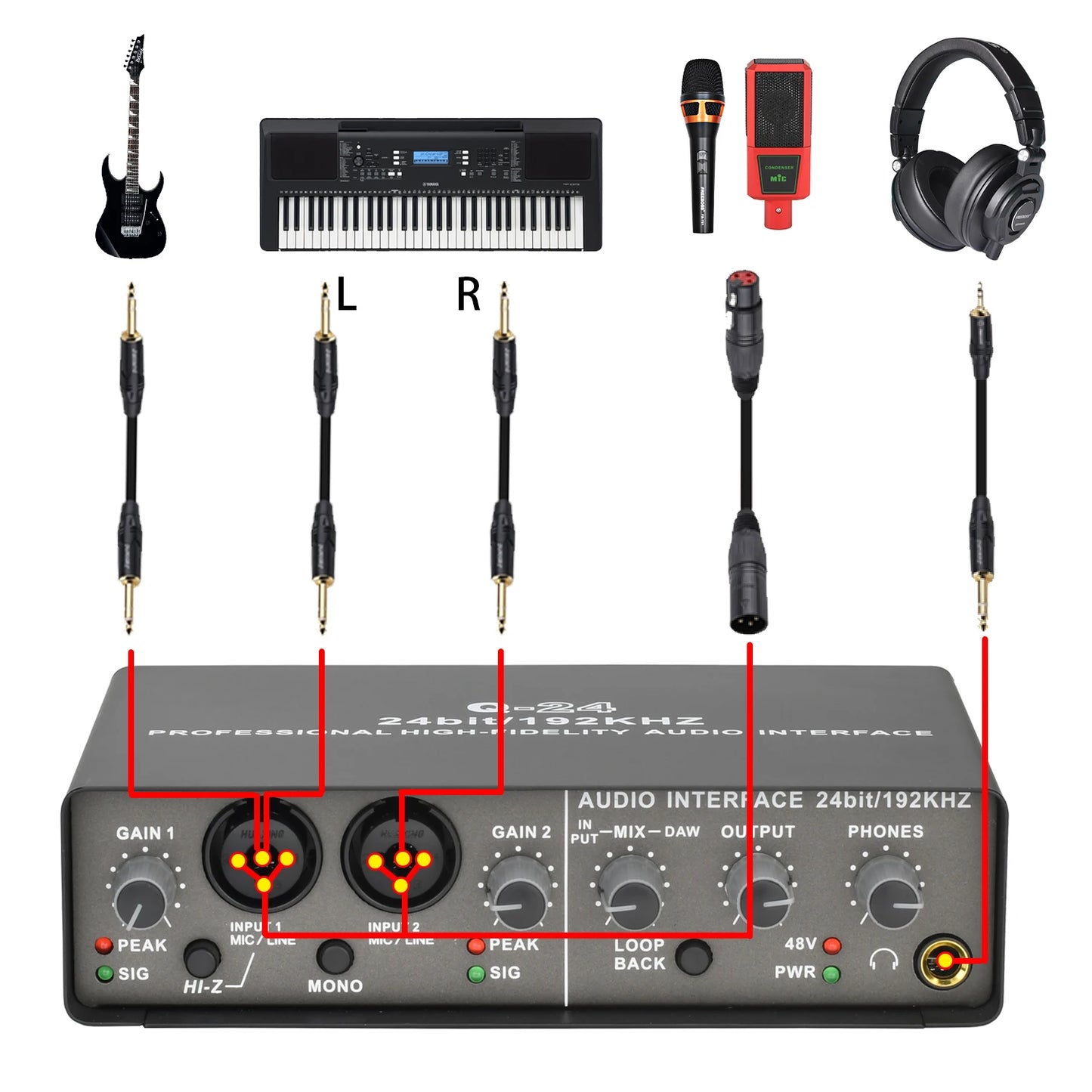 Professional 24Bit 192KHz Audio Interface 2 Input Sound Card for Guitar Loopback USB External Soundcard Studio PC Recording Q24