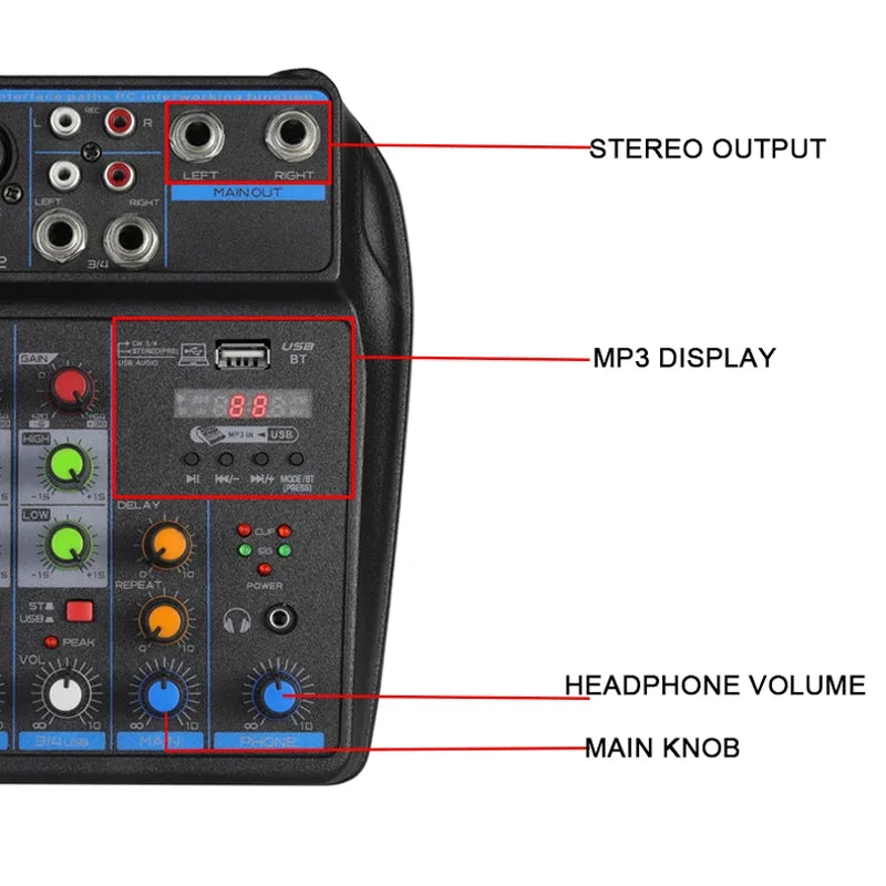 BOMGE 4 MINI Channel Mixer DJ Mixing Console with Bluetooth 48V Phantom Power Monitor Karaoke System USB Mixer Audio