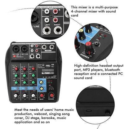 TEYUN A4 Audio Mixer 4-Channel Sound Mixing Console A8 Support Bluetooth USB 48V Power for Karaoke Party Recording Webcasting