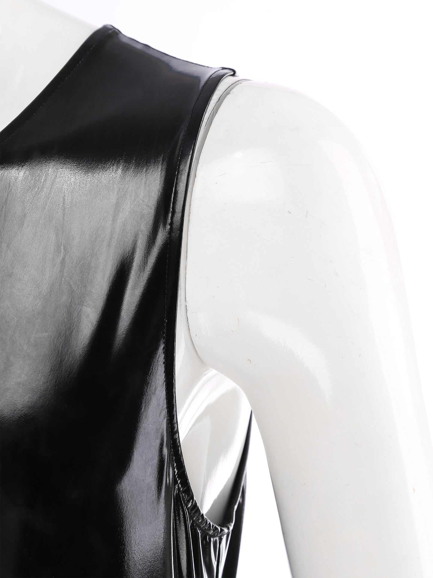 Mens Black Tank Sleeveless Zipper Patent Leather Glossy Round Neck Sleeveless Jumpsuits Club Stage Performance Costume Bodysuit