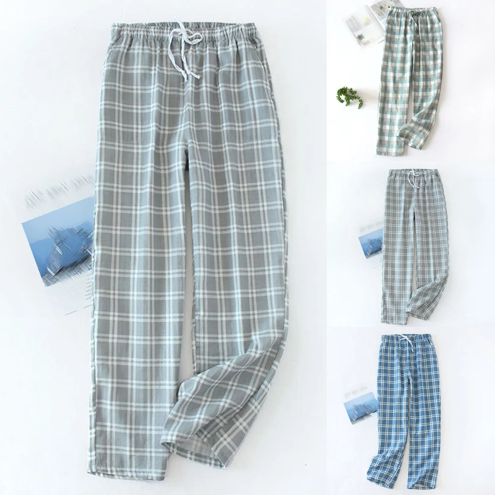 Men's Soft Drawstring Home Cotton Summer Autumn Loose Elastic Waist Sleepwear Casual  Pajama Pants Plaid Pajama Bottoms Pants