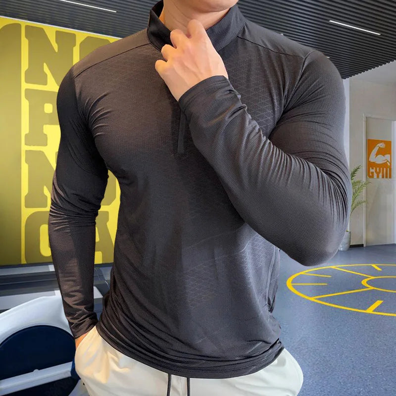 Men's Fitness Training T-shirts Tops Gym Workout Compression Sweatshirt for Running Football Jersey High Collar Sportswear