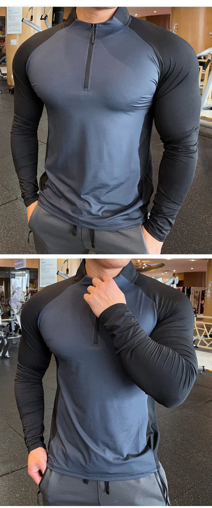 Men's Fitness Training T-shirts Tops Gym Workout Compression Sweatshirt for Running Football Jersey High Collar Sportswear