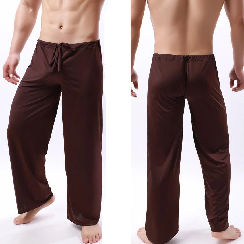 Sexy Men's Casual Pyjama Pants Solid Color Ice Silk Drawstring Elastic Waist Loose-Fitting Yoga Trouser Lounge Pajama Pants