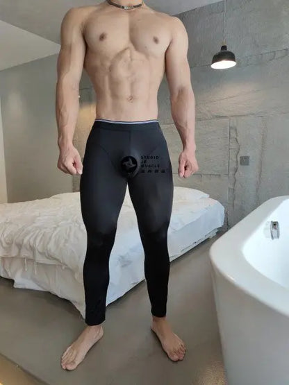 Sexy Mens Grey Ultra-thin Transparent Leggings Long Johns Lounge Tight Pants Underwears