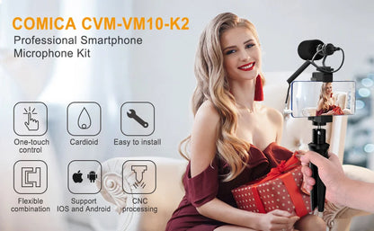 Comica CVM-VM10-K2 Smartphone Microphone Kit with Tripod, Shotgun Mic for iPhone and Android, Video Recording Equipment for Vlog