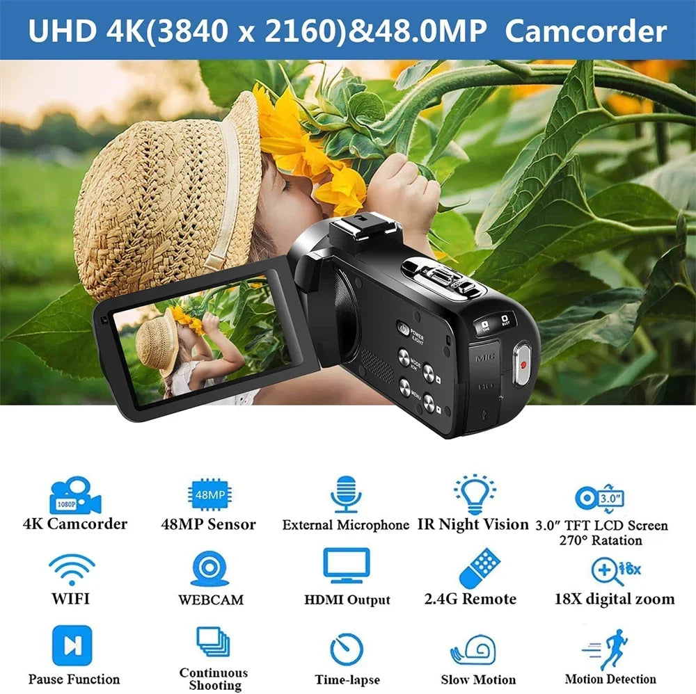 4K Professional Video Camera 48MP Ultra HD WiFi Vlog Live Stream Camera for YouTube 18X Digital Zoom 3.0" Touch Screen Camcorder