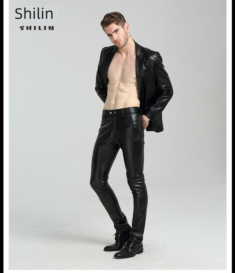 Youth Black Thin Slim-Fitting Ankle-Tied Handsome Leather Pants