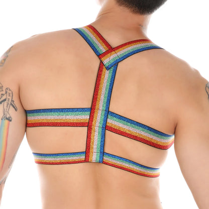 CLEVER-MENMODE Men Harness Body Chest Belt Lingerie Shoulder Strap Bondage Costume Clubwear Elastic Strap Rainbow Pride Clothing