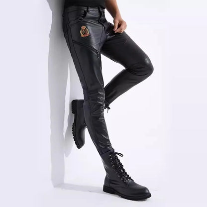 Men's Motorcycle Windproof Leather Pants, Warm Knight Pants, Slim, Cool, Sheepskin, Autumn, Winter