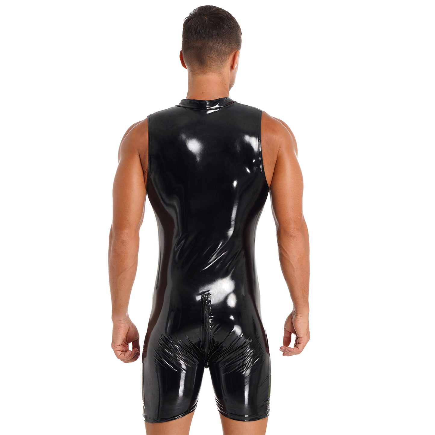 Mens Wet Look Zipper Bodysuit One Piece Patent Leather Sleeveless Jumpsuits Rave Pole Dancing Stage Performance Costume Clubwear