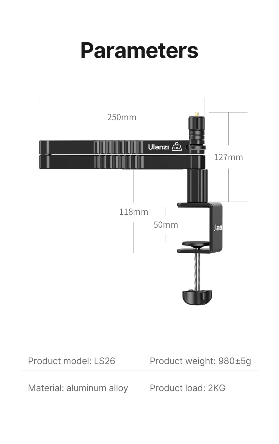 ULANZI LS26 Low Profile Microphone Arm with Cable Channels Desk Clamp 360° Rotatable Foldable for Streaming Recording 2991