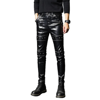 2024 New Winter Spring Mens Skinny Biker Leather Pants Fashion Faux Leather Motorcycle Trousers for Male Trouser Stage Club Wear