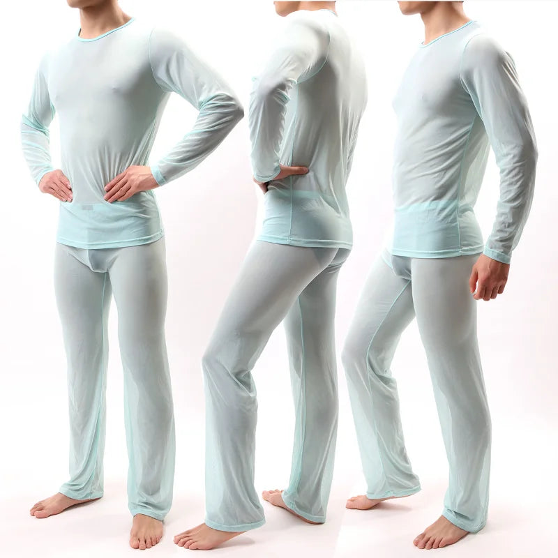 Men's Pajama Set Sexy Underwear Sleep Bottoms Mesh Pouch See-through Suit Porn Erotic Lingerie for gay Underpants Long Johns