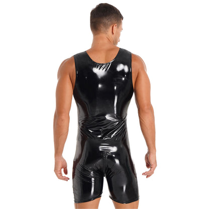 Mens Black Tank Sleeveless Zipper Patent Leather Glossy Round Neck Sleeveless Jumpsuits Club Stage Performance Costume Bodysuit