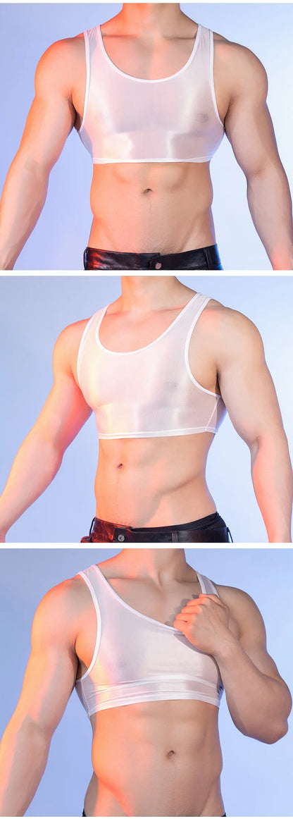 Sexy Men's Crop Tops High Elastic Satin Shiny Smooth Tanks Tops Gym Sleeveless Shirts Night Club Man Clothing Summer Short Vest