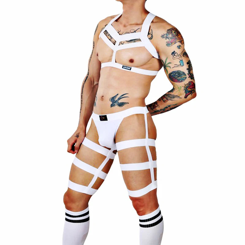 Male Erotic Fetish Costume Strap Lingerie Body Harness Stockings Sexy Mens Jockstrap Thigh Suspender Briefs with Bandage Belt