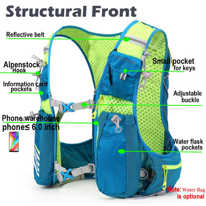 8L Running Hydration Vest Backpack Outdoor Sport Running Backpack Trail Marathon Jogging Hiking Backpack Option Water Bag Flask