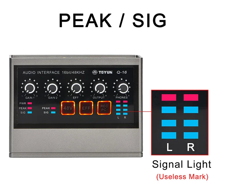 TEYUN Audio Interface 2 Channel 48V Diver-Free Computer Record Electric Guitar Echo Effects PC Recording External Sound Card Q16