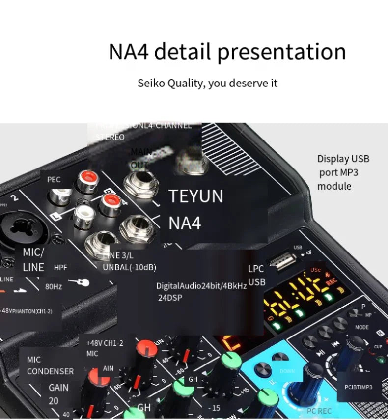 4-way Small Mixer Mobile Phone Sound Card Professional Live Broadcast Mixer Recording Equipment Bluetooth Digital Audio Mixer