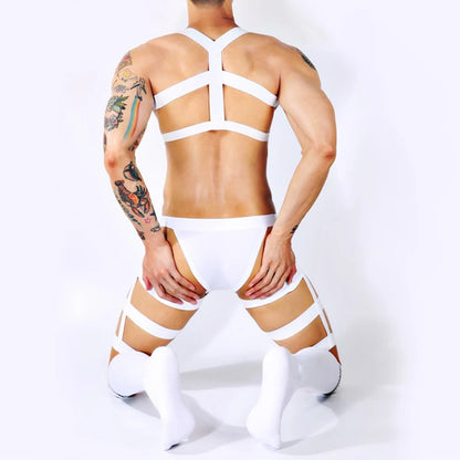 Male Erotic Fetish Costume Strap Lingerie Body Harness Stockings Sexy Mens Jockstrap Thigh Suspender Briefs with Bandage Belt