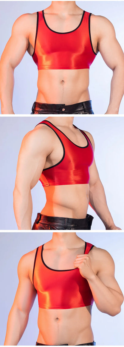 Sexy Men's Crop Tops High Elastic Satin Shiny Smooth Tanks Tops Gym Sleeveless Shirts Night Club Man Clothing Summer Short Vest