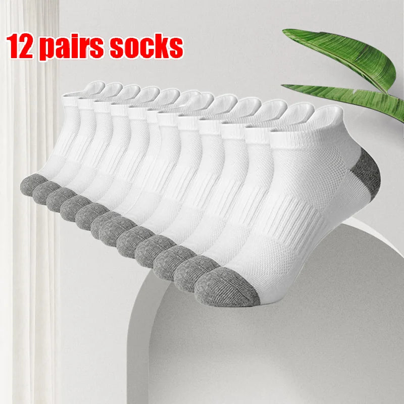 6/12 Pairs High Quality Cotton Socks Men Women Sports Solid Color Short Socks Cycling Breathable Mesh White Black Ankle Socks