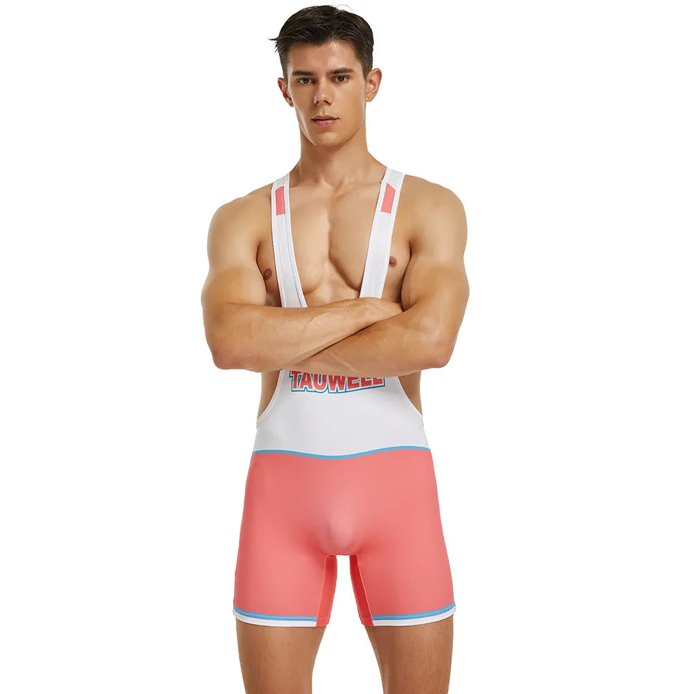 New Men's Elastic Breathable Vest White with Pink Sexy One-piece Vest Sexy Multi-functional Training Clothes