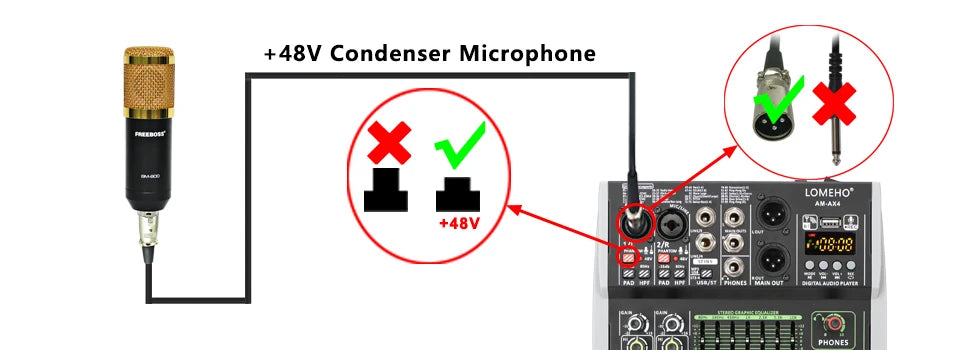 AM-AX4 Mini 4 Channels Individual 48V Phantom Power Mobile 99 DSP Effects Bluetooth USB Computer Play Record Podcast Audio Mixer