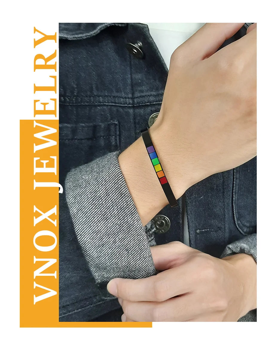 Vnox Stylish Rainbow Color Cuff Bangle Bracelets for Men Women Jewelry Stainless Steel Pink LGBT Pride Gifts Accessory