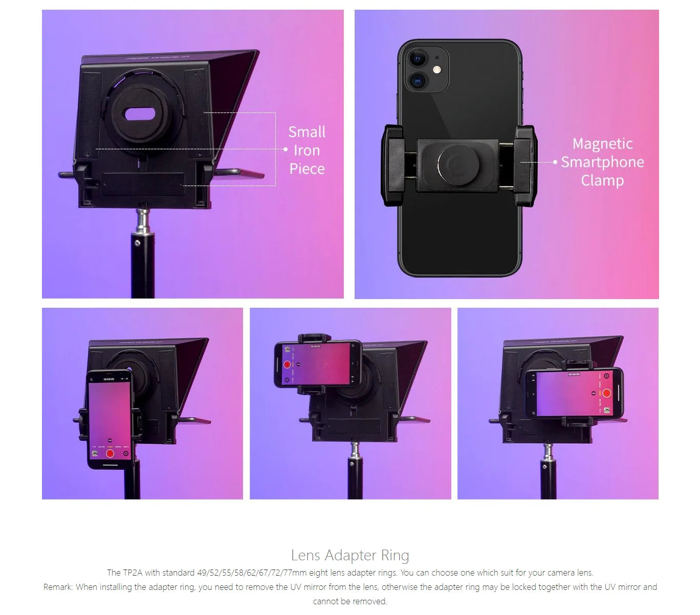 FEELWORLD TP2 Portable 8-inch Teleprompter Supports up to 8&quot; Smartphone/DSLR Shooting with Bluetooth Control Lens Adapter Rings