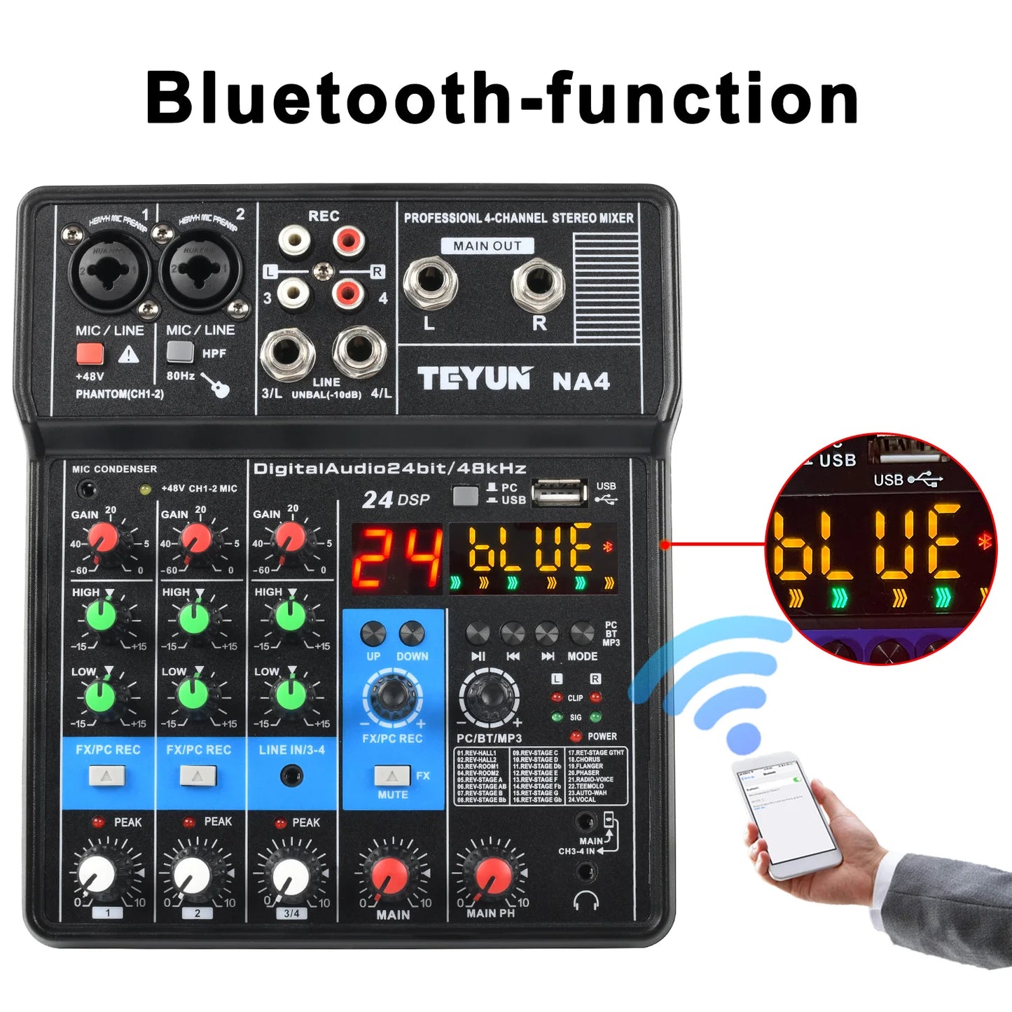 TEYUN 4 Channel Mixing Console 48V Bluetooth Sound Table 24 DSP Effects USB Computer Record Play Live Broadcast Audio Mixer NA4