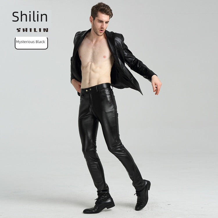 Youth Black Thin Slim-Fitting Ankle-Tied Handsome Leather Pants