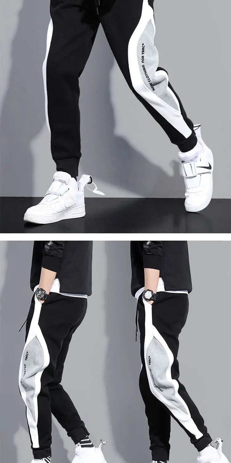 Autumn Men's Wide Loose Casual Pants Mens Patchwork Nine-point Sports  Elastic Rope Breathable Tie-foot Trousers