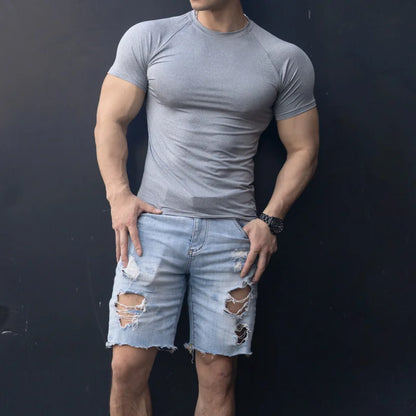 Gym Men's Summer Fitness Sports Casual Slim Men's T-shirt Short Sleeve Slim Muscle Outdoor Fashion Bodybuilding Tight Clothing