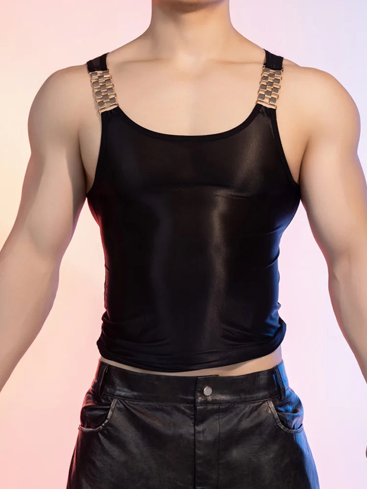 Sexy Men Oil Glossy Shiny Tank Tops Stain Smooth Strap Vest Sheer See Through Fashion Top High Elastic Sleeveless Shirt