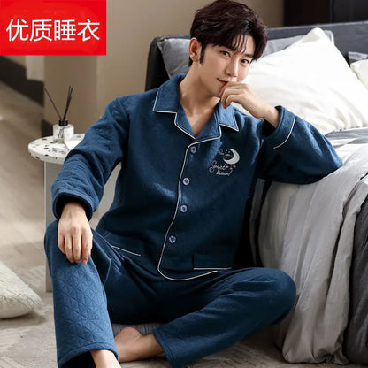 Fall & Winter Thicken Men's Pajama Sets Simple Warm Sleepwear Cotton Top Pant Leisure Outwear Soft Plus Size Loungewear 2024