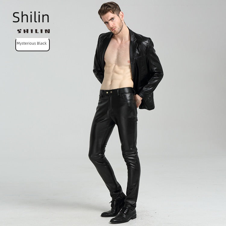 Youth Black Thin Slim-Fitting Ankle-Tied Handsome Leather Pants