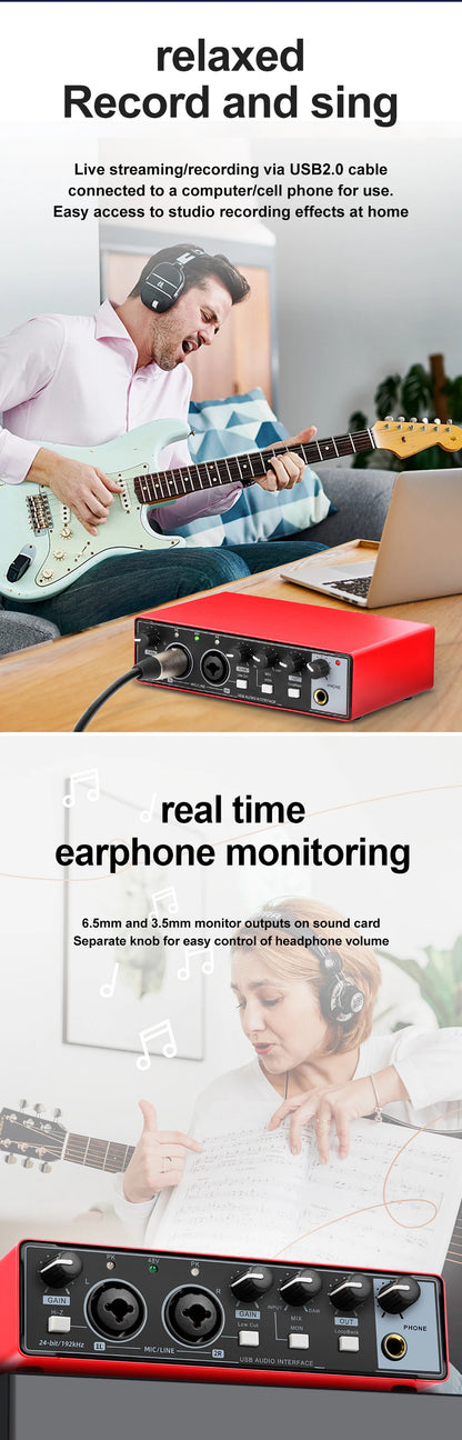 2-channel audio interface sound card with display, professional recording studio mixer for electric guitar on-site recording, 24