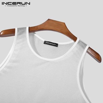 Men Tank Tops Solid O-neck Sleeve Mesh Transparent Sexy Vests Streetwear 2024 Fashion Party Casual Men Clothing S-5XL INCERUN