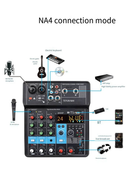 4-way Small Mixer Mobile Phone Sound Card Professional Live Broadcast Mixer Recording Equipment Bluetooth Digital Audio Mixer