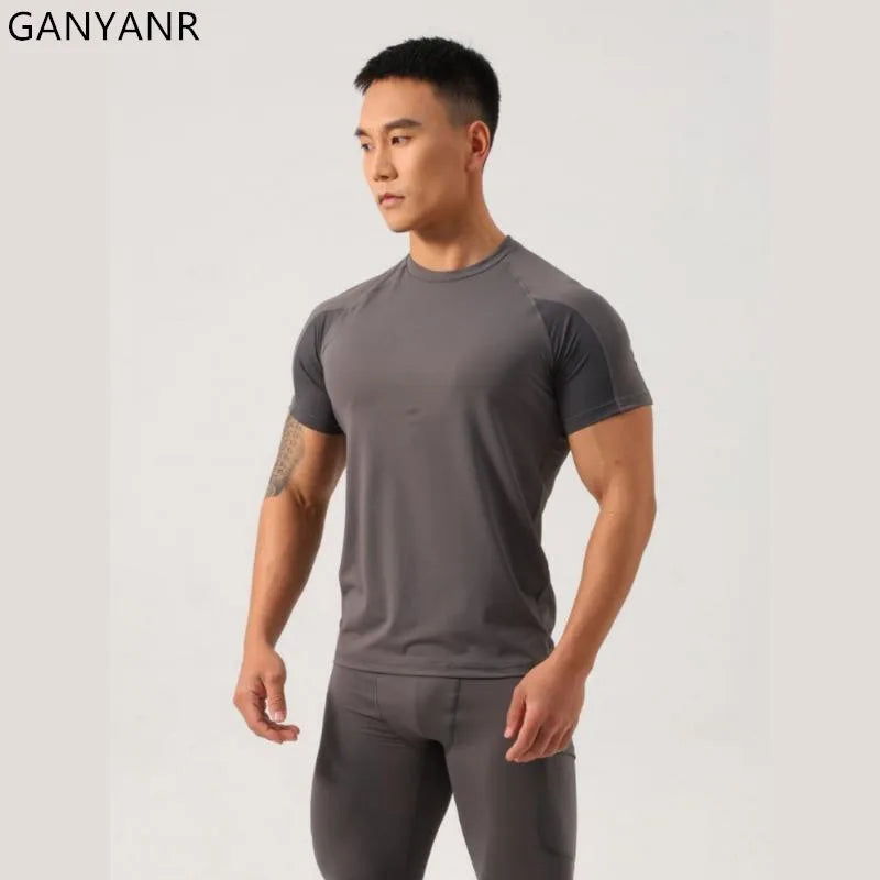 GANYANR Running T-Shirt Man Short Sleeve Fitness Compression Sports Active Wear Sportswear Gym Training Quick Dry Tee Jogging