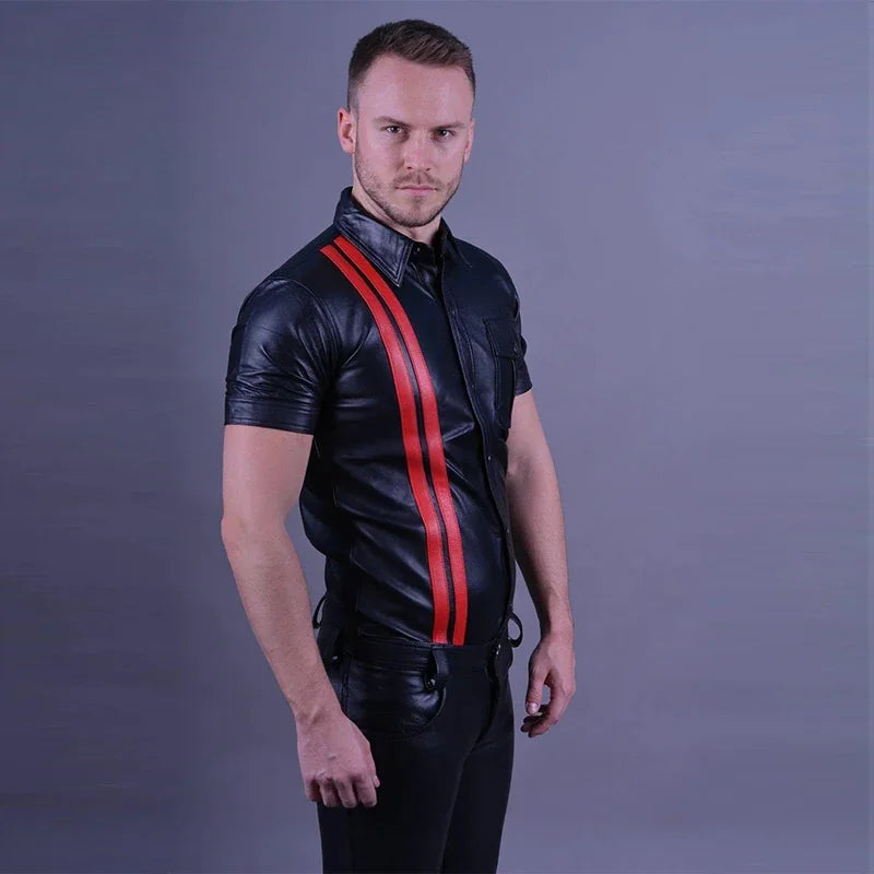 Men's Turn-down Collar Matte Leather Jacket Shirt Male Short Sleeve Striped Single Row Button PU Jacket Coat New Clothing Custom