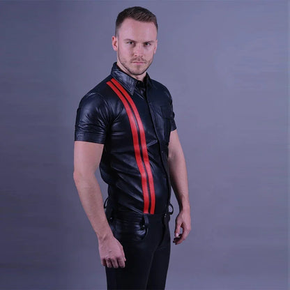 Men's Turn-down Collar Matte Leather Jacket Shirt Male Short Sleeve Striped Single Row Button PU Jacket Coat New Clothing Custom