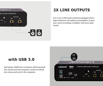 UX22 Audio Interface Sound Card 32-bit/192KHz AD Converter, Electric Guitar Live Recording Professional Studio Singing, Podcast