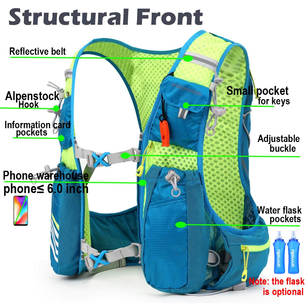 8L Running Hydration Vest Backpack Outdoor Sport Running Backpack Trail Marathon Jogging Hiking Backpack Option Water Bag Flask