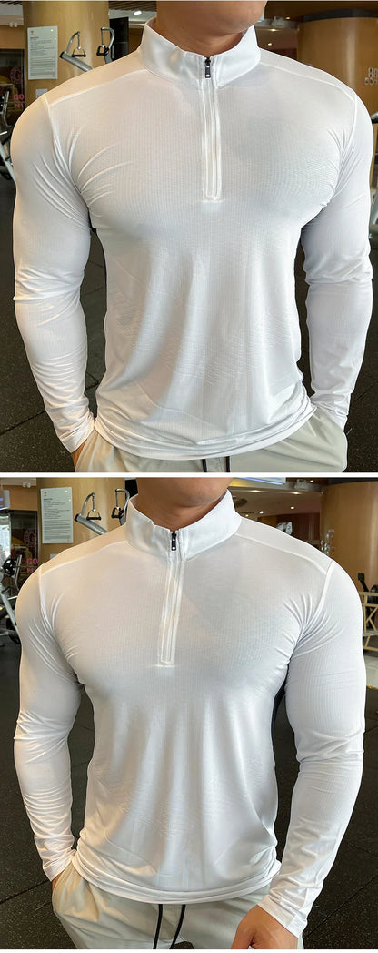 Men's Fitness Training T-shirts Tops Gym Workout Compression Sweatshirt for Running Football Jersey High Collar Sportswear