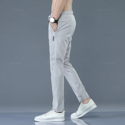 2024 Men's Trousers Spring Summer New Ultrathin Green Solid Color Fashion Pocket Applique Full Length Casual Work Pants Pantalon