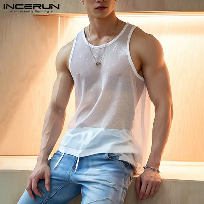 Men Tank Tops Solid O-neck Sleeve Mesh Transparent Sexy Vests Streetwear 2024 Fashion Party Casual Men Clothing S-5XL INCERUN